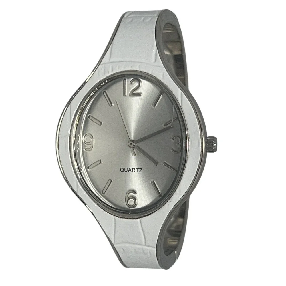 Elegant White Croc Embossed Bangle Cuff Watch Silver‎ Tone Quartz Japan Movt